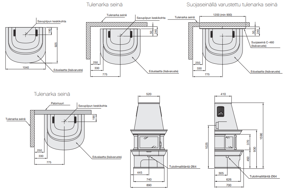 Contura 460-kiertoilmatakka mitat suojaetäisyydet | Contura 460 stove measurements safety distances