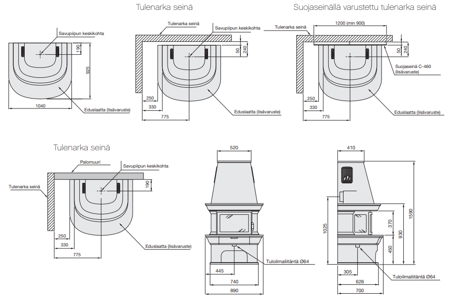 Contura-460-kiertoilmatakka-mitat-suojaetäisyydet-stove-measurements-safety-distances - Unelmauunit Contura 460-kiertoilmatakka mitat suojaetäisyydet | Contura 460 stove measurements safety distances