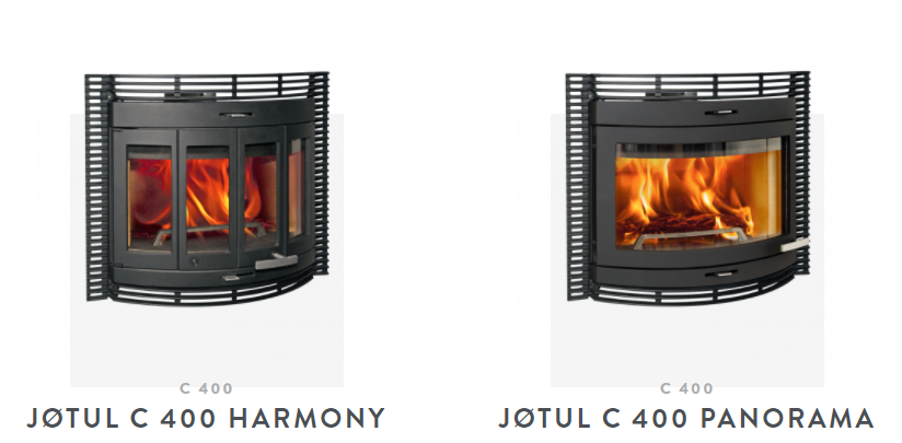 Jotul C 400-sarjan takkakasettimallit: Jotul C 400 Harmony ja Jotul C 400 Panorama | Jøtul C 400 series fireplace cassette models: Jotul C 400 Harmony and Jotul C 400 Panorama