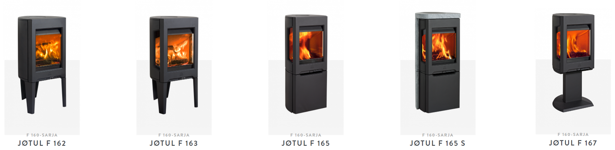 Jotul F 160 -kamiinasarjan mallit: Jotul F 162, Jotul F 163, Jotul F 165, Jotul F 165 S ja Jotul F 167 | Jotul F 160 stove models: Jotul F 162, Jotul F 163, Jotul F 165, Jotul F 165 S and Jotul F 167 