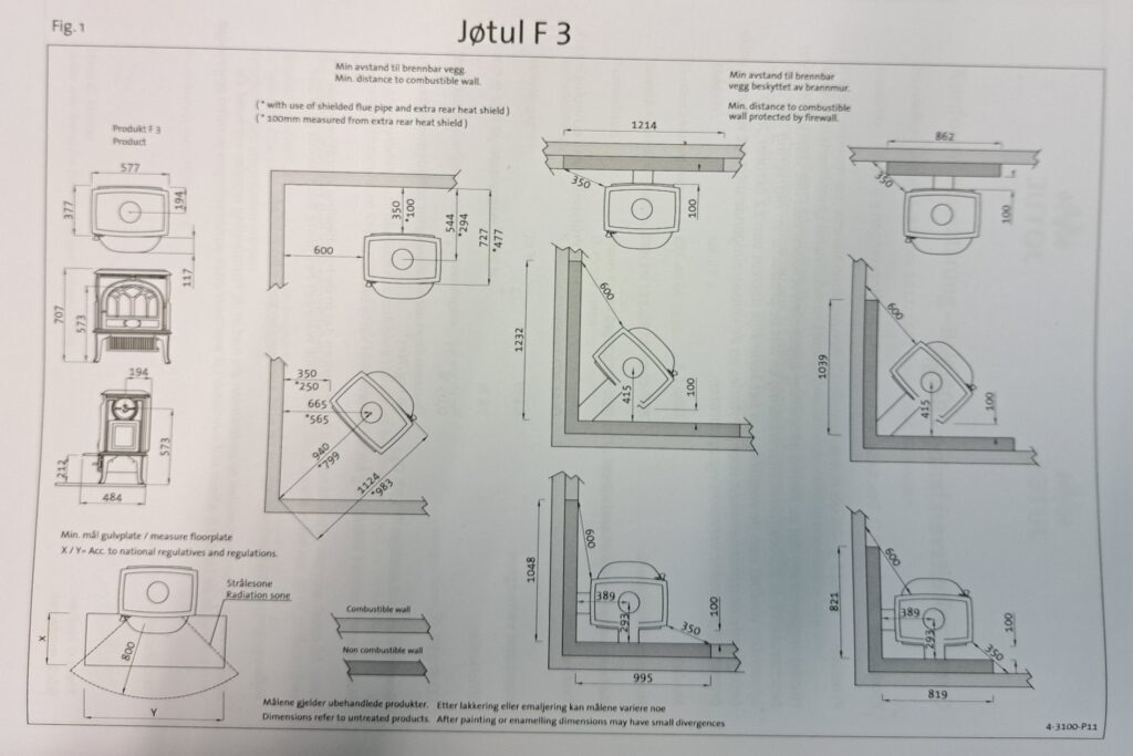 Jotul F3 kamiina mitat ja suojaetäisyydet | Jotul F3 stove measurements and safety distances