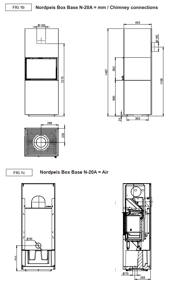 Nordpeis Box N20A -kiertoilmatakka mitat | Nordpeis Box N20A stove measurements