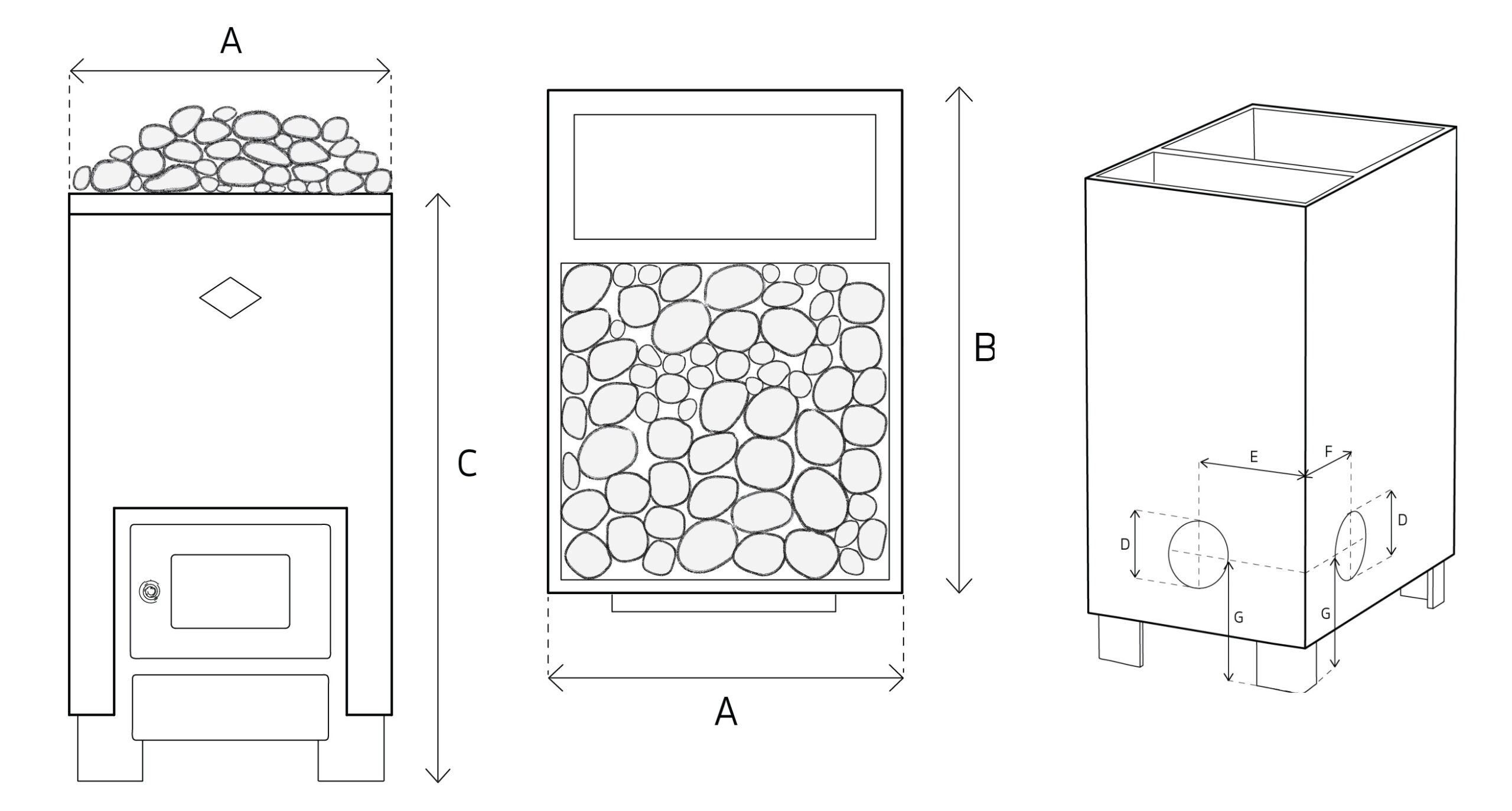 Veto puukiuas mittakuva | Veto woodburning sauna heater measurements