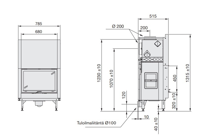 Contura i10 takkasydän mittakuva | Contura i10 fireplace insert measurements