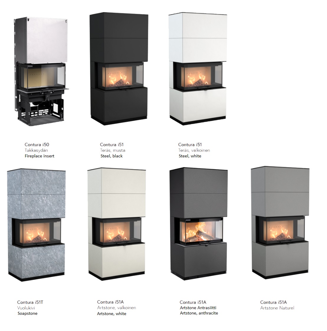 contura-i50-i51-takka-kiertoilmatakka-mallit-stove-fireplace-models – Unelmauunit | Takkahuone Helsinki Contura i50 -takkasydän- ja i51 -takkamallit | Contura i40 fireplace insert and i51 fireplace models